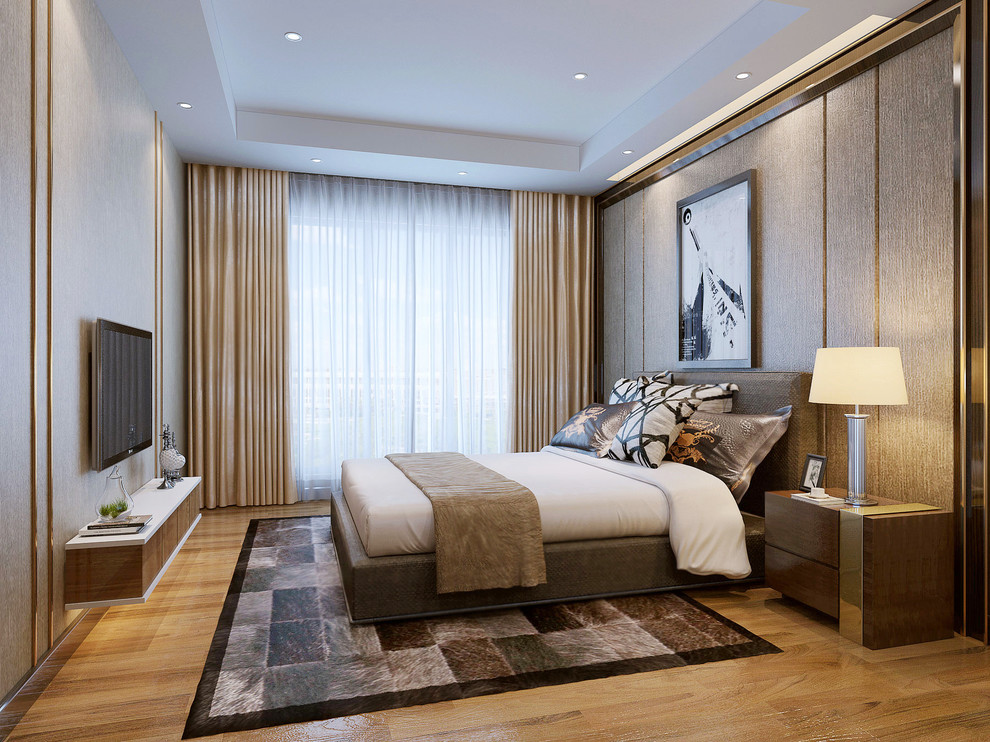 На фото: большая гостевая спальня (комната для гостей) в современном стиле с разноцветными стенами и полом из фанеры с