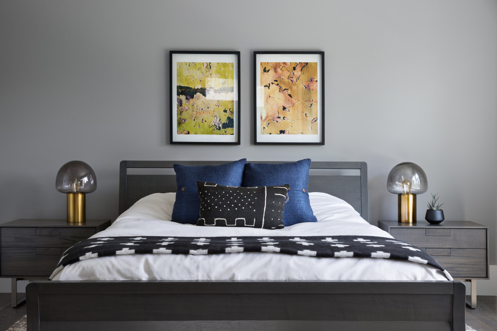 Foto de habitación de invitados contemporánea de tamaño medio con paredes grises, suelo de madera en tonos medios y suelo gris