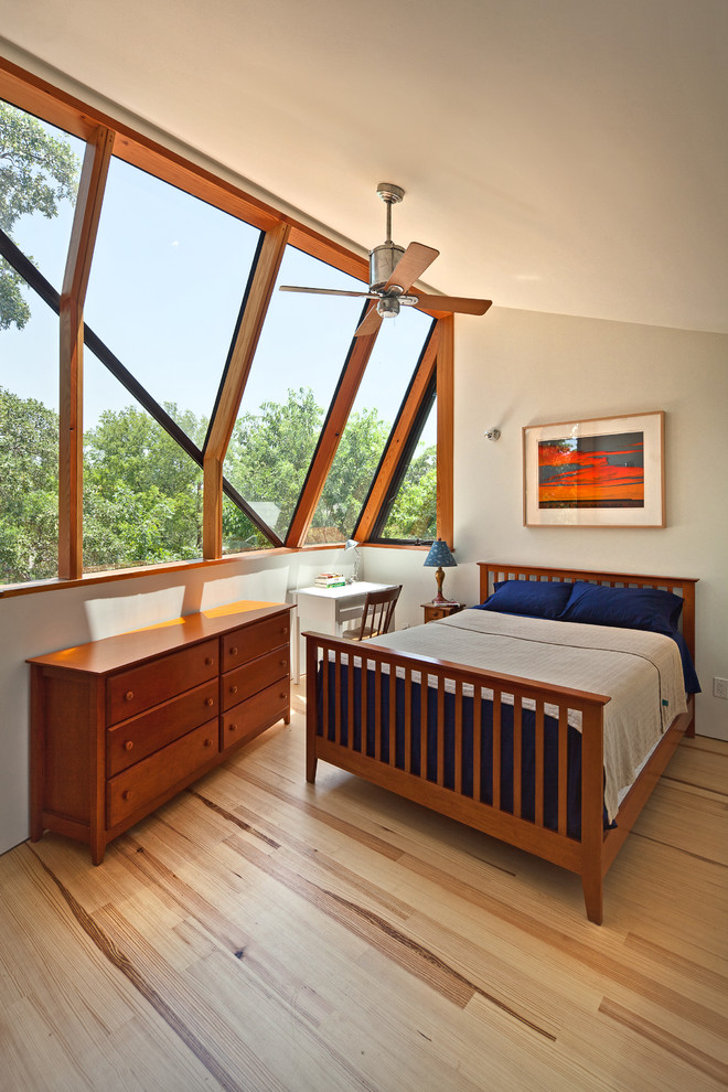 Idéer för ett modernt sovrum, med beige väggar och mellanmörkt trägolv