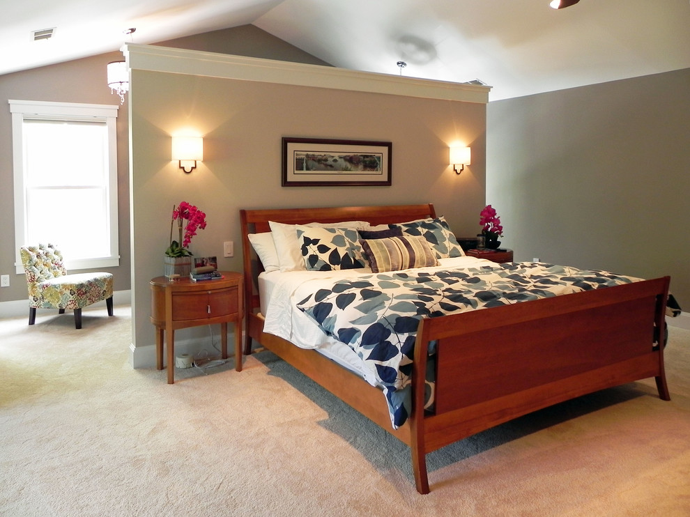 Bedroom - large transitional master carpeted and beige floor bedroom idea in Baltimore with gray walls and no fireplace