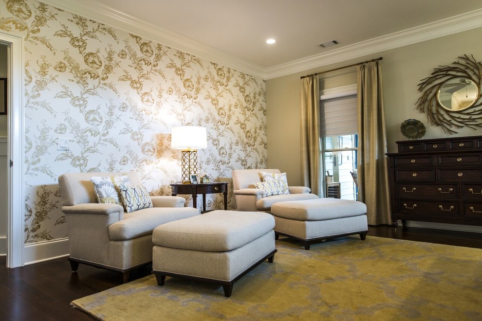 Bedroom - large transitional master dark wood floor bedroom idea in Atlanta with beige walls and no fireplace