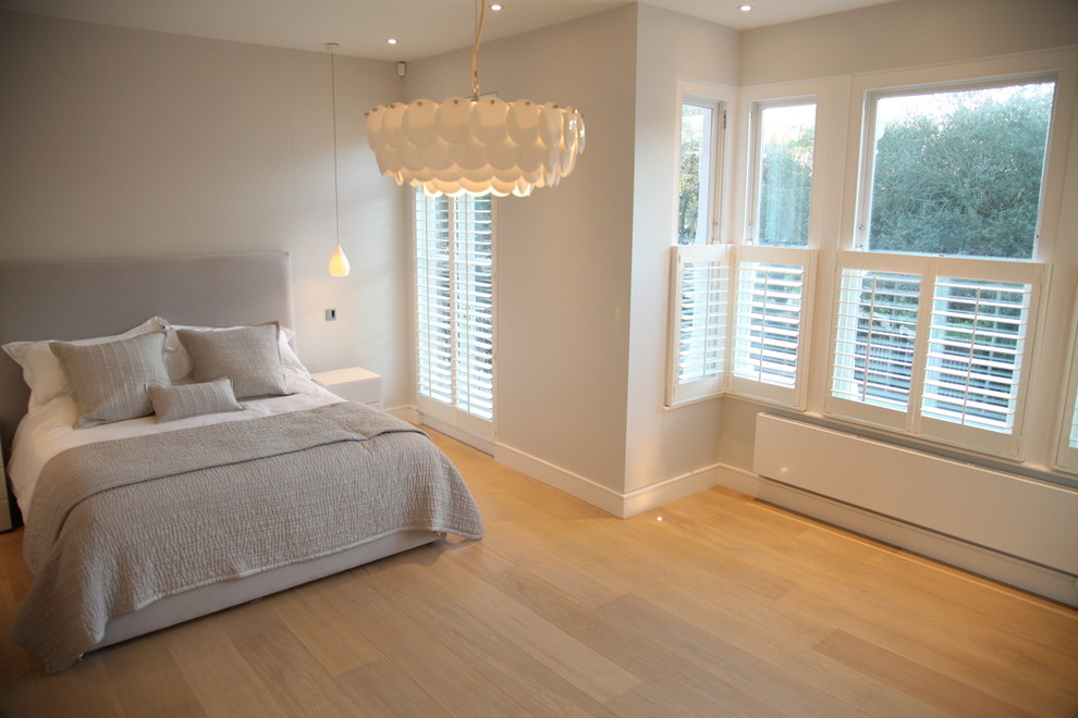 Diseño de dormitorio principal actual de tamaño medio sin chimenea con suelo de madera clara y paredes grises