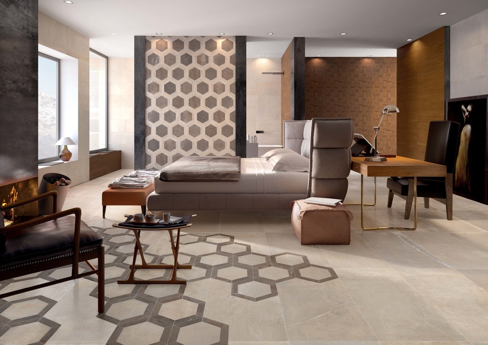 Cette image montre une chambre parentale minimaliste de taille moyenne avec un mur beige, un sol en carrelage de céramique et une cheminée standard.