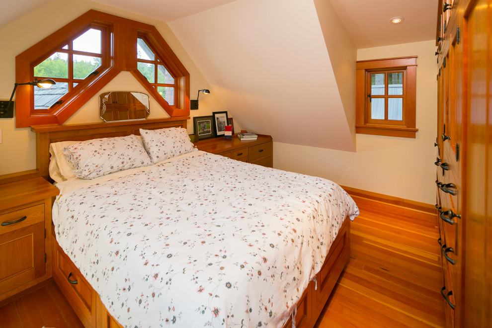 Inspiration för ett mellanstort amerikanskt sovrum, med beige väggar och mellanmörkt trägolv