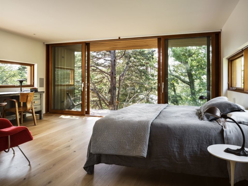 Diseño de dormitorio contemporáneo con paredes blancas, suelo de madera en tonos medios y con escritorio
