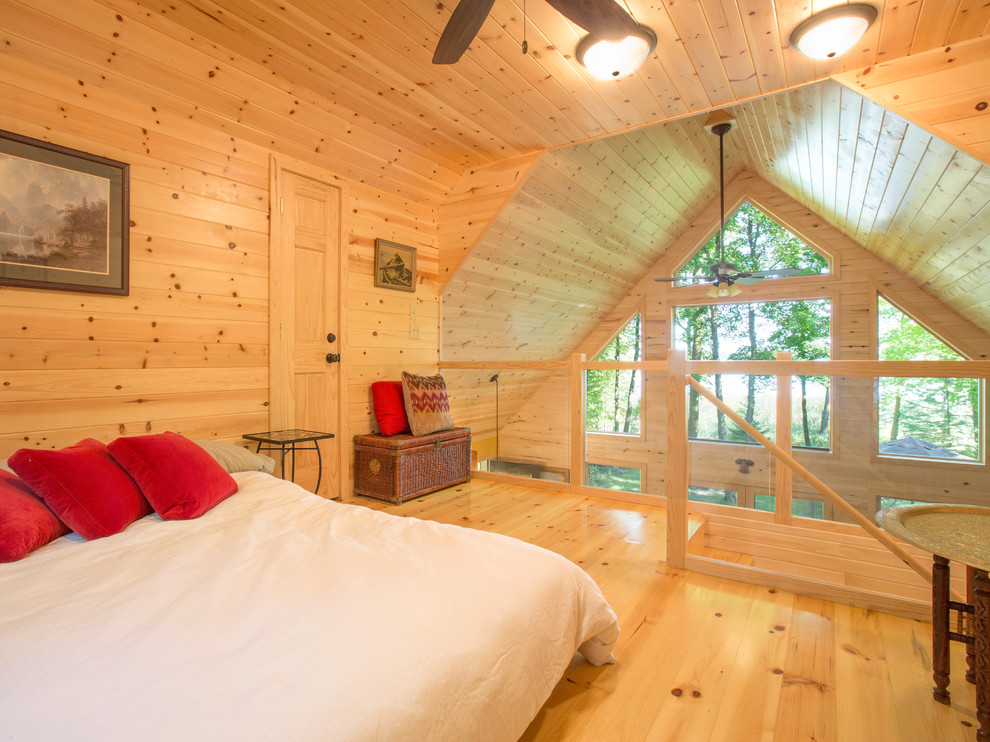 Inspiration for a rustic loft-style medium tone wood floor bedroom remodel in Omaha