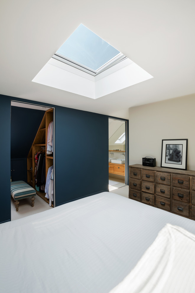 Inspiration for a medium sized contemporary master bedroom in London with blue walls, carpet and no fireplace.