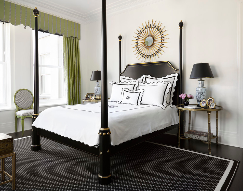 Mid-sized transitional master dark wood floor and brown floor bedroom photo in Chicago with white walls and no fireplace