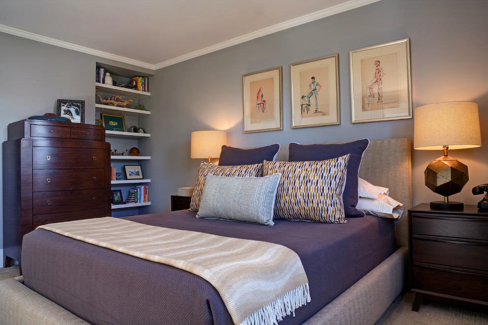 Diseño de habitación de invitados contemporánea de tamaño medio sin chimenea con paredes grises y moqueta
