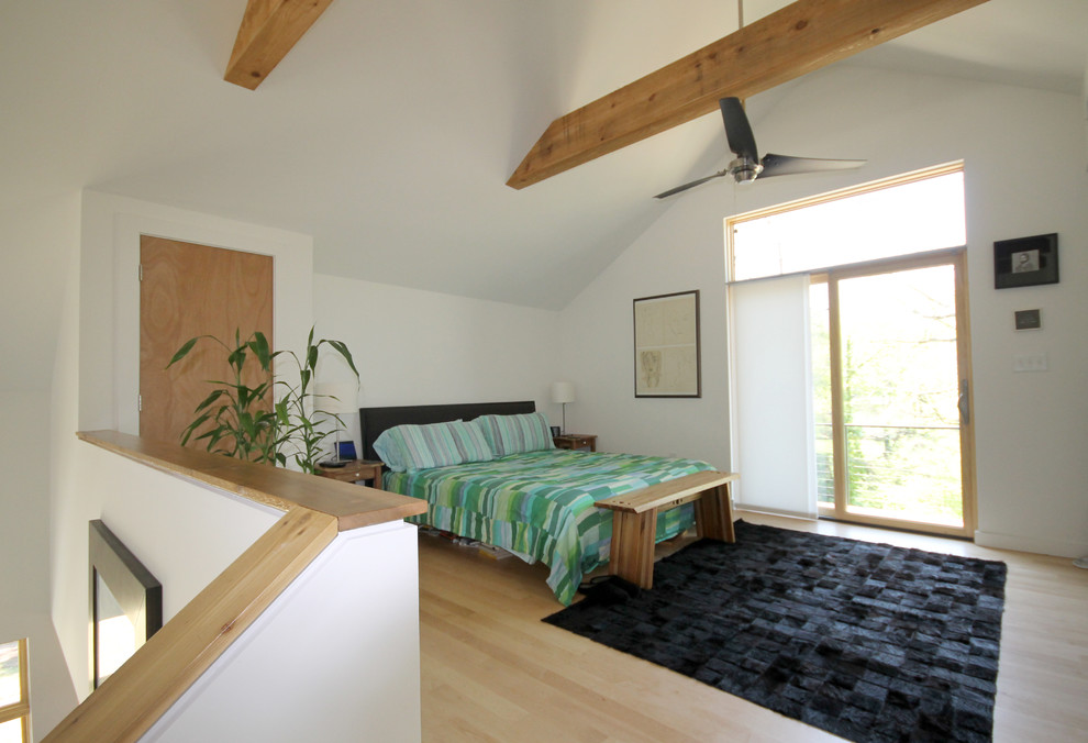 Modelo de dormitorio tipo loft minimalista pequeño con paredes blancas y suelo de madera clara