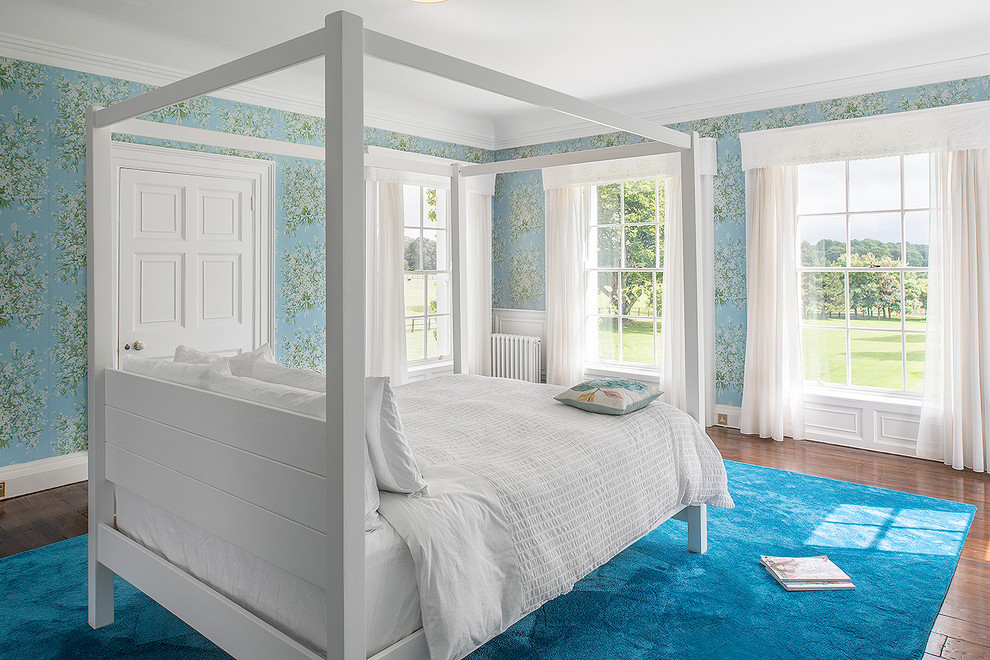 Large ornate guest dark wood floor bedroom photo in Dublin with multicolored walls