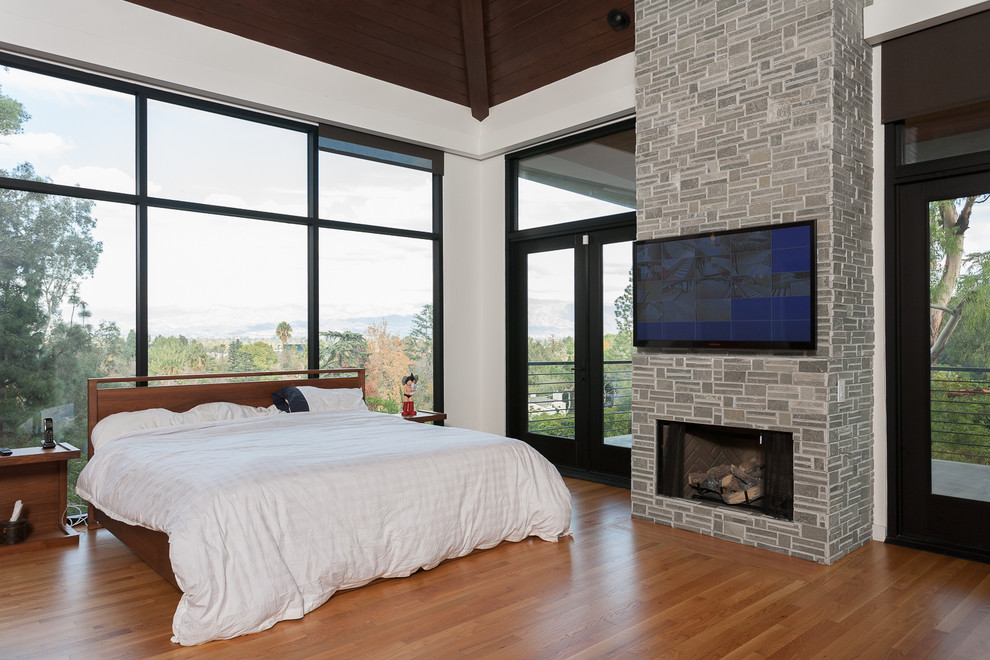 ロサンゼルスにあるコンテンポラリースタイルのおしゃれな寝室 (白い壁、無垢フローリング、標準型暖炉、石材の暖炉まわり)
