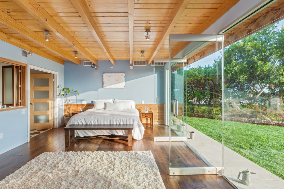 Ejemplo de dormitorio principal retro de tamaño medio sin chimenea con paredes azules y suelo de madera en tonos medios