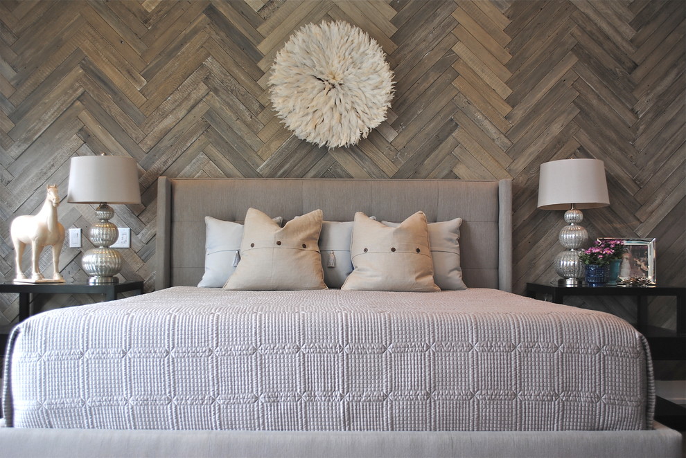 Inspiration for a medium sized contemporary master and grey and brown bedroom in Atlanta with brown walls and dark hardwood flooring.