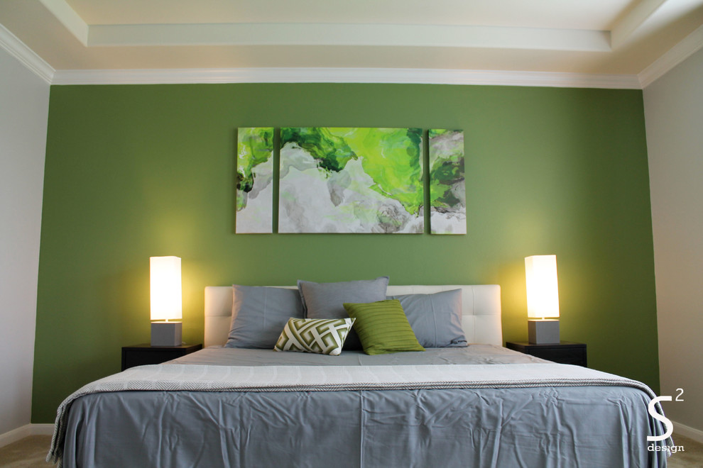 Bedroom - large modern master carpeted bedroom idea in Houston with green walls