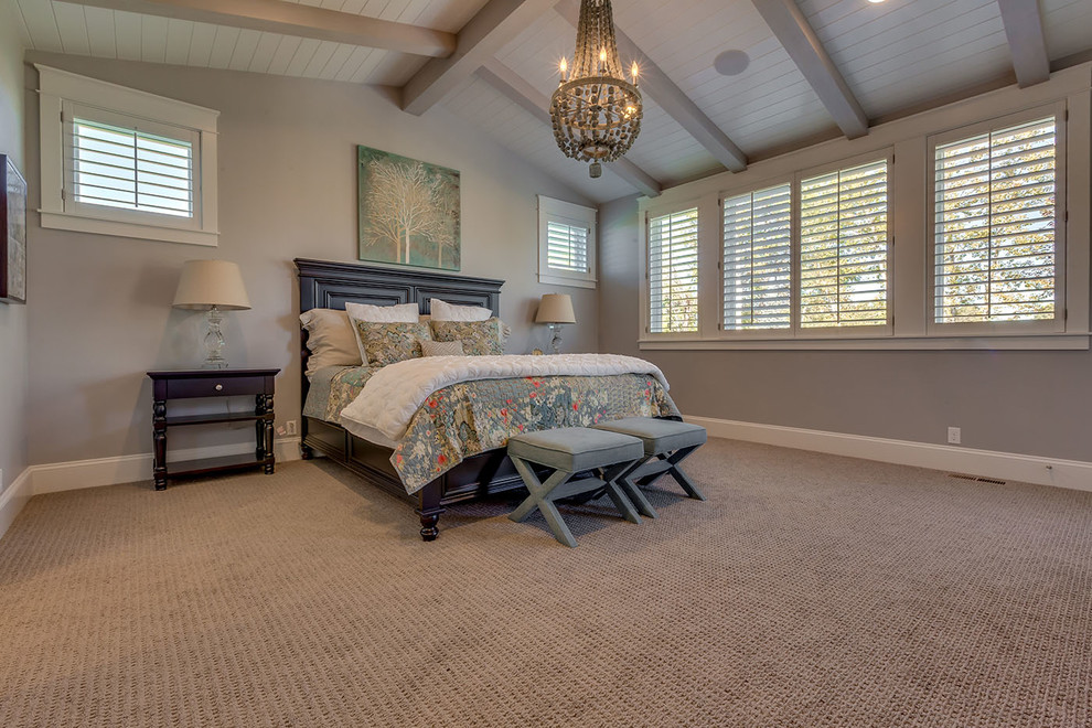 Example of a large trendy master carpeted bedroom design in Boise with gray walls