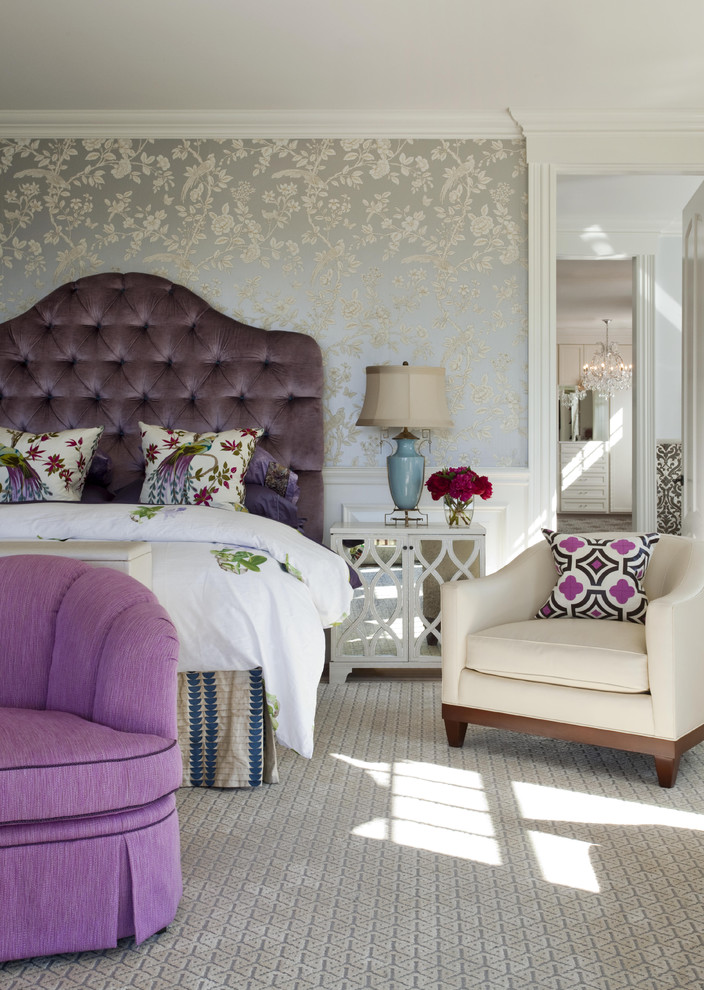Elegant bedroom photo in Boston with gray walls