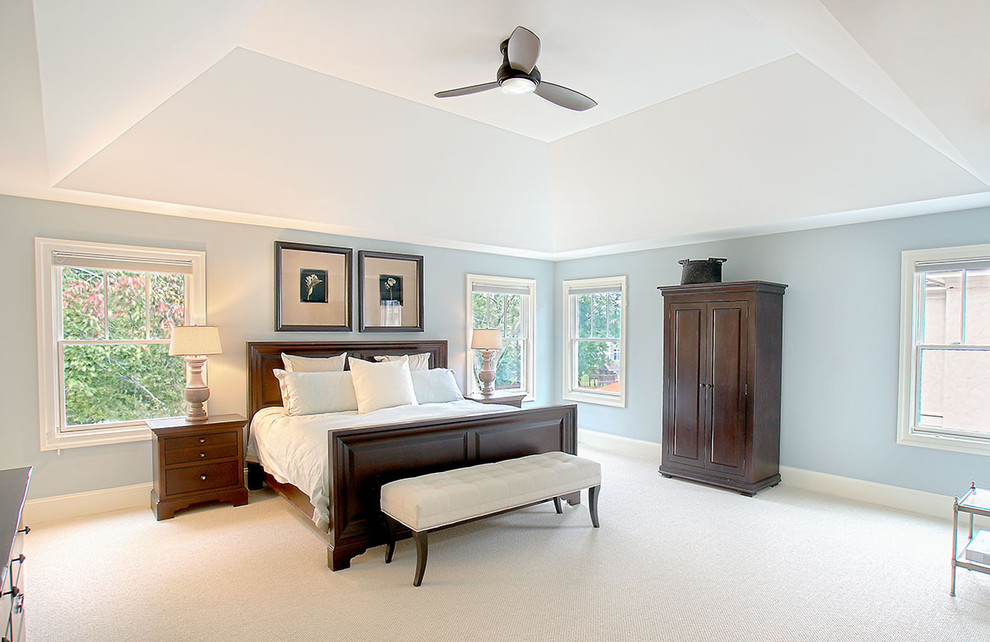 シカゴにある広いトラディショナルスタイルのおしゃれな主寝室 (青い壁、カーペット敷き、暖炉なし)