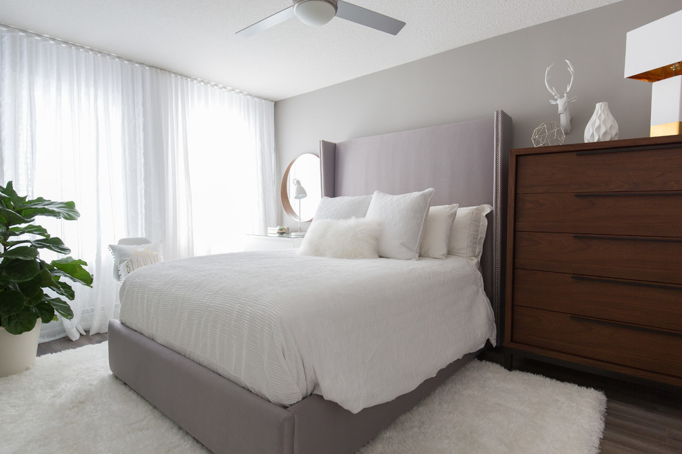 Imagen de dormitorio principal moderno pequeño sin chimenea con paredes grises y suelo de madera en tonos medios