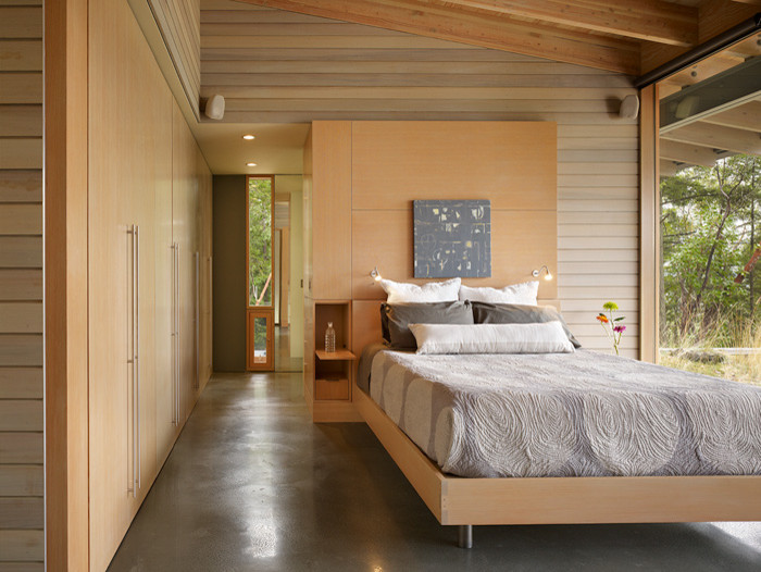 Ejemplo de dormitorio principal actual con paredes grises y suelo de cemento