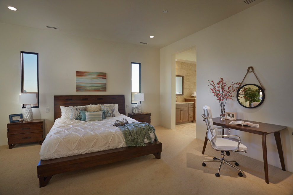 フェニックスにある中くらいなコンテンポラリースタイルのおしゃれな主寝室 (白い壁、カーペット敷き、暖炉なし)