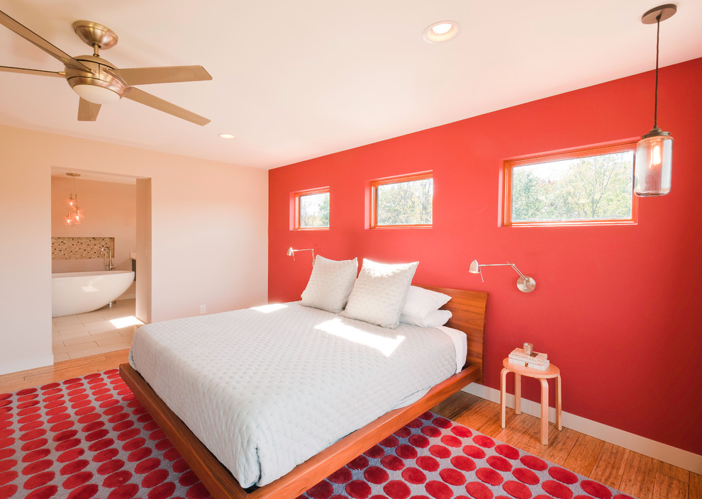This is an example of a contemporary bedroom in Other with red walls.