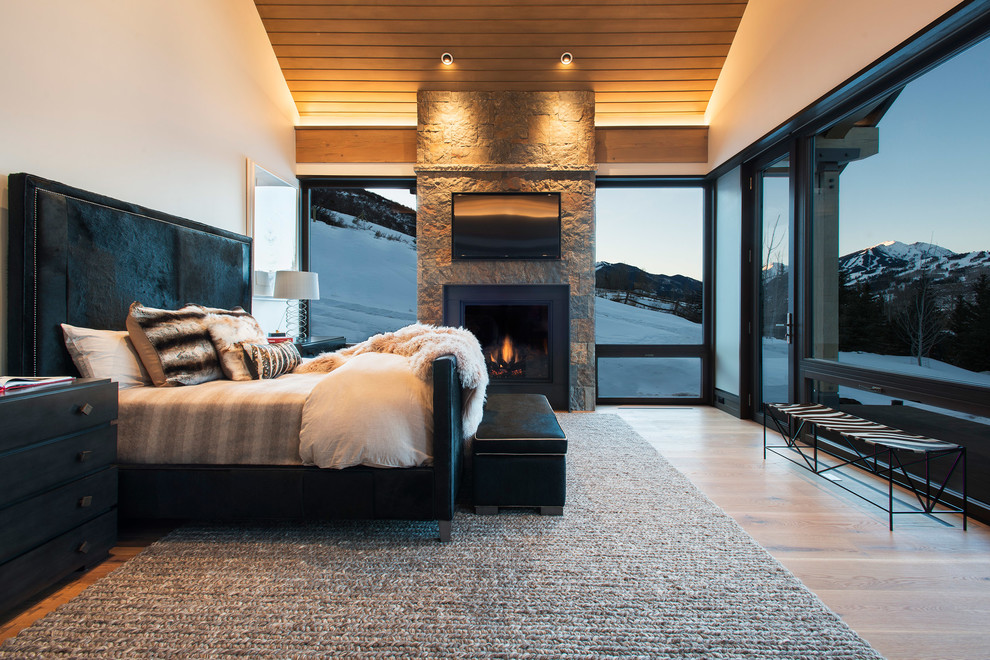 Inspiration for an expansive contemporary master and grey and brown bedroom in Denver with light hardwood flooring, a standard fireplace, a stone fireplace surround, beige walls, brown floors and feature lighting.