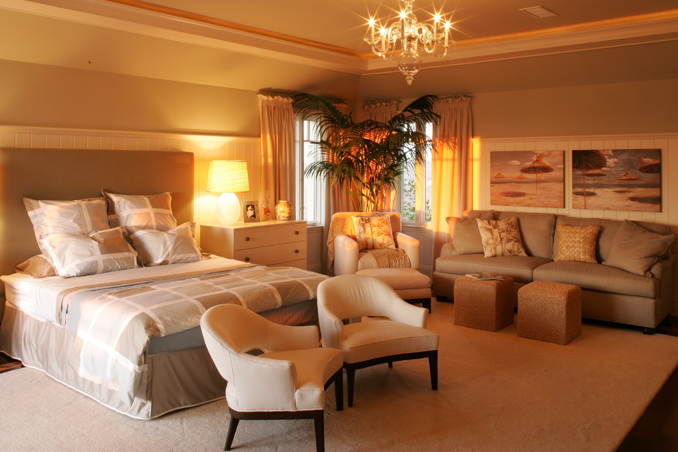 Inspiration for a huge craftsman guest dark wood floor bedroom remodel in Orange County with beige walls