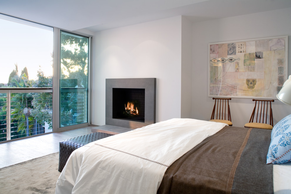Ejemplo de dormitorio principal minimalista de tamaño medio con paredes blancas, suelo de madera clara, todas las chimeneas y marco de chimenea de metal