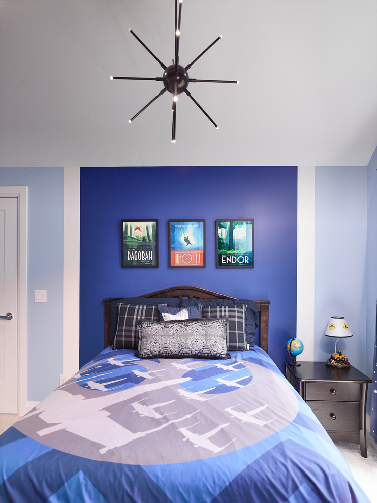 Design ideas for a medium sized classic bedroom in Vancouver with blue walls, carpet, no fireplace and beige floors.