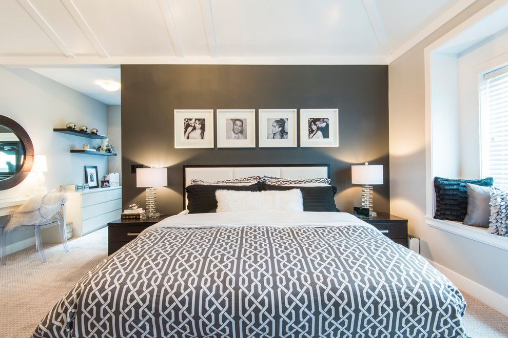 Contemporary cream and black bedroom in Vancouver with grey walls.