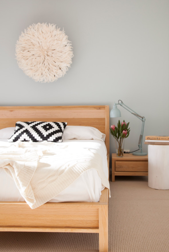 Идея дизайна: маленькая спальня в современном стиле с синими стенами, ковровым покрытием и кроватью в нише для на участке и в саду