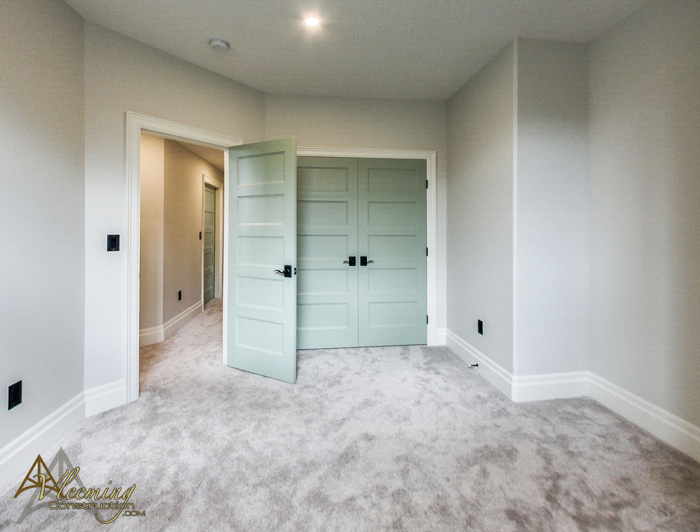 Cette image montre une grande chambre avec moquette rustique avec un mur beige et un sol gris.