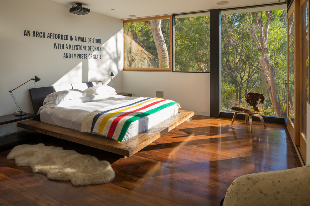 ロサンゼルスにある広いコンテンポラリースタイルのおしゃれな主寝室 (白い壁、淡色無垢フローリング、吊り下げ式暖炉、金属の暖炉まわり)