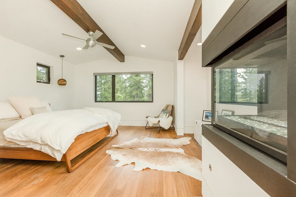 Example of a large trendy master light wood floor and brown floor bedroom design in Sacramento with white walls and a standard fireplace
