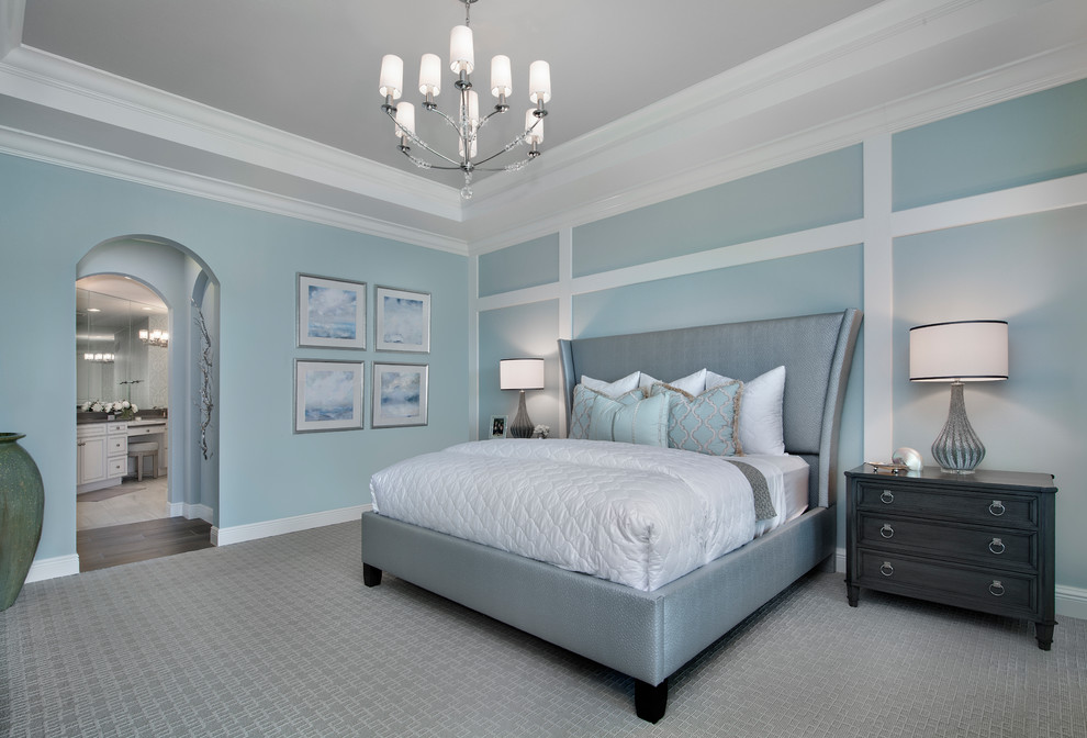 This is an example of a traditional grey and silver bedroom in Other with blue walls.