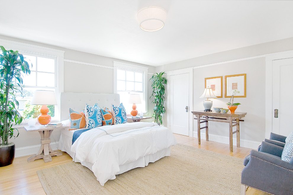 Inspiration for a timeless light wood floor bedroom remodel in San Francisco with gray walls