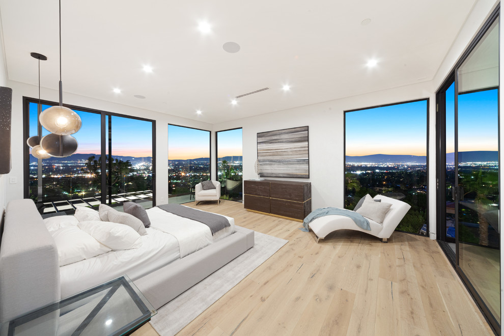 Large trendy master light wood floor bedroom photo in Los Angeles with white walls and no fireplace