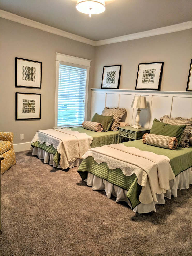 Example of a country guest carpeted and beige floor bedroom design in Boston with gray walls
