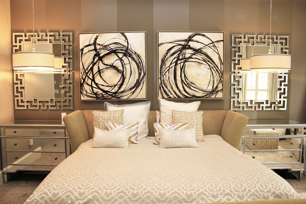Example of a mid-sized transitional master carpeted and beige floor bedroom design in Atlanta with beige walls and no fireplace