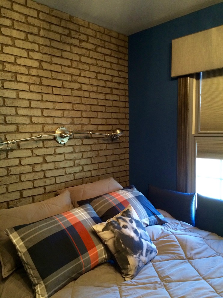 Bedroom - mid-sized industrial medium tone wood floor bedroom idea in Philadelphia with blue walls