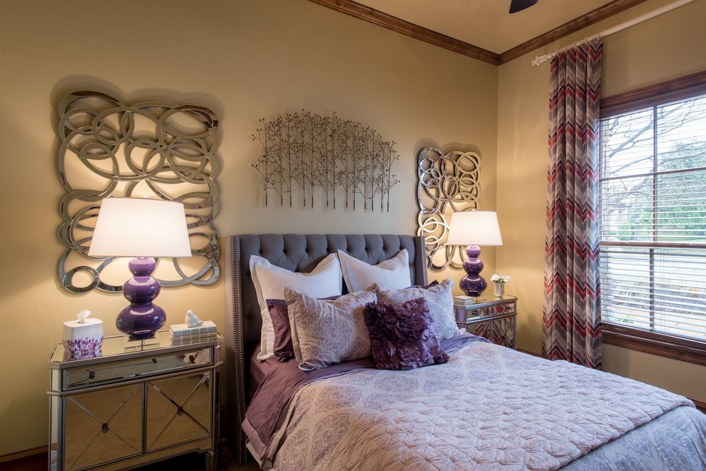 Example of a mid-sized transitional carpeted bedroom design in Dallas with purple walls