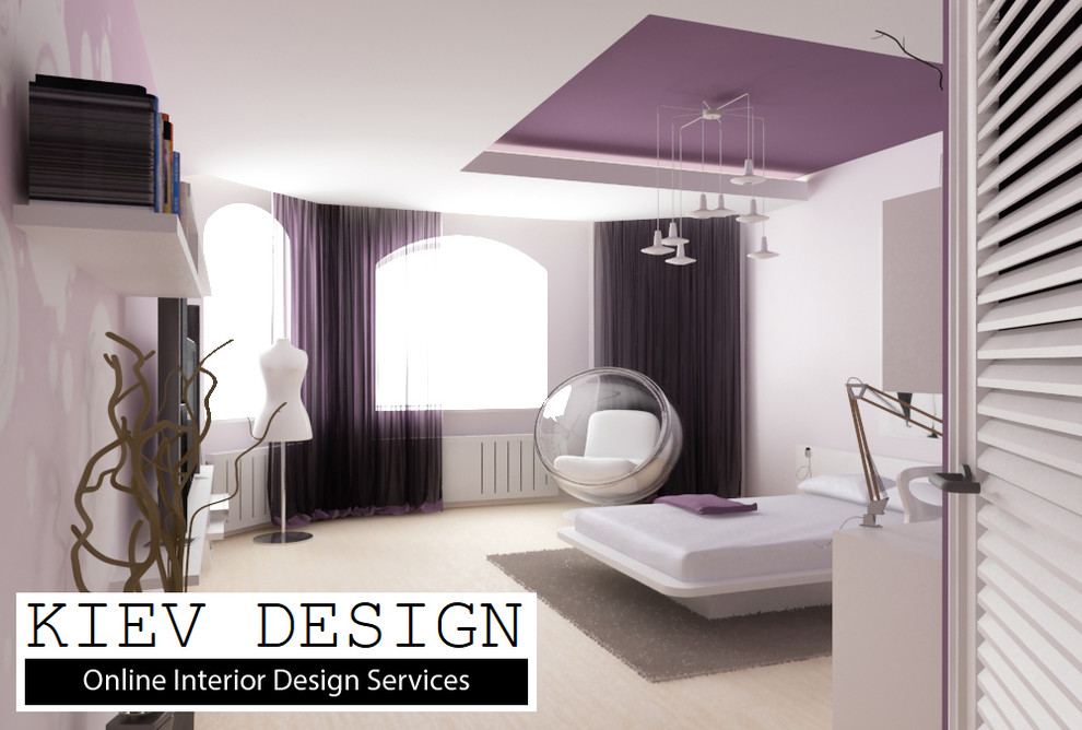 Immagine di una camera da letto minimalista di medie dimensioni con pareti viola e nessun camino