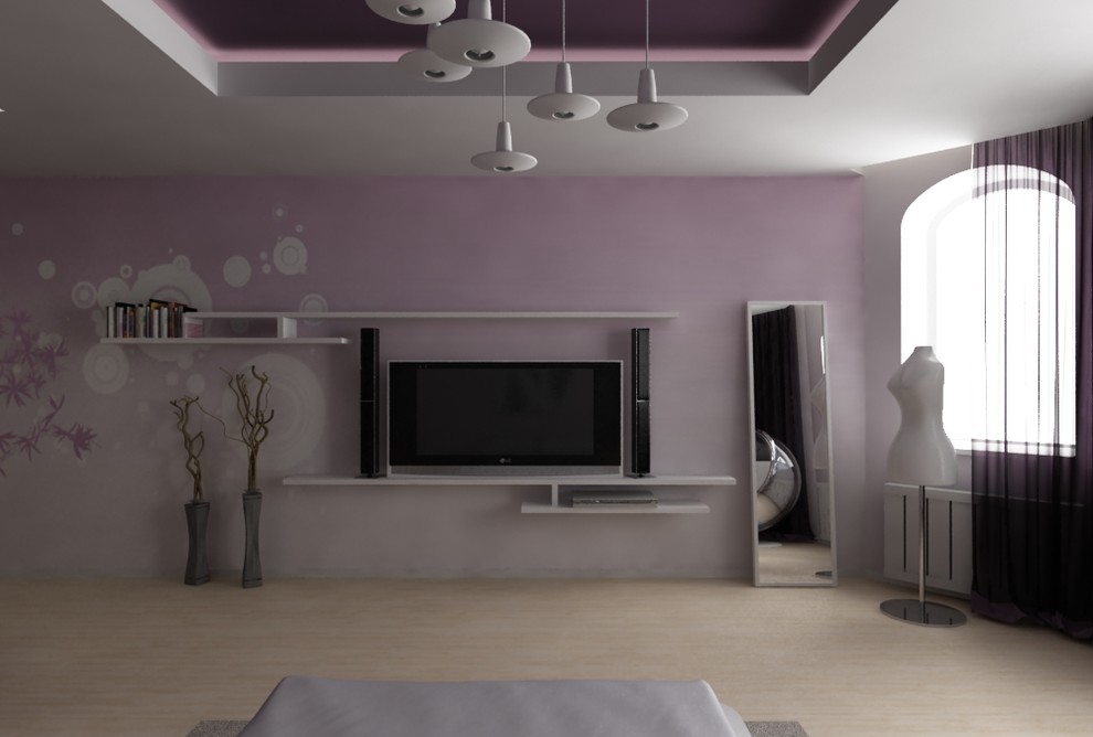 На фото: спальня среднего размера с фиолетовыми стенами без камина с