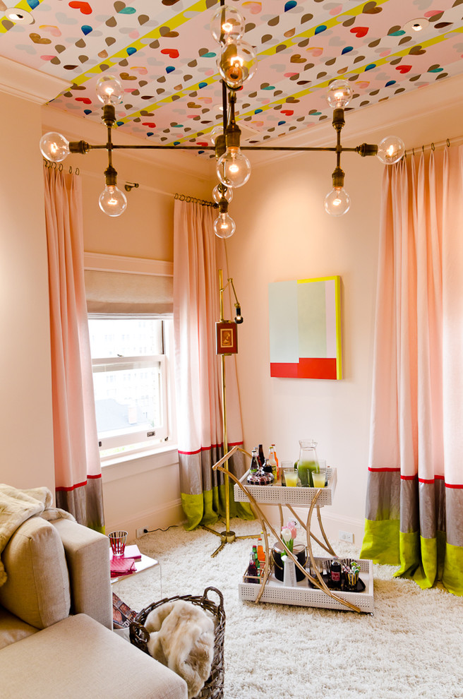 Bedroom - eclectic carpeted bedroom idea in San Francisco with pink walls