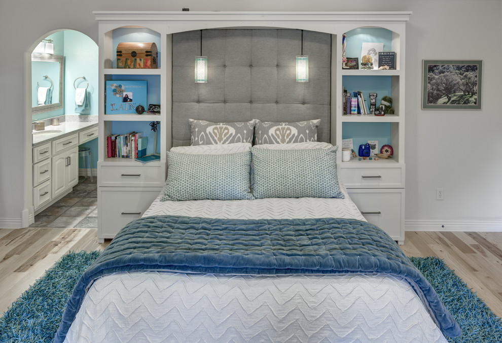 Immagine di una grande camera da letto eclettica con pareti bianche e pavimento in legno massello medio