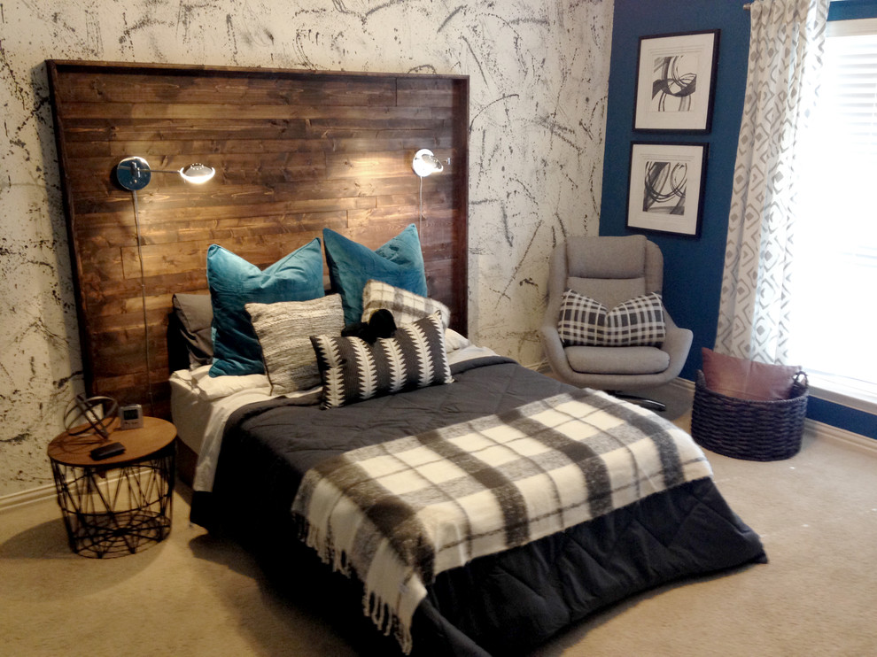 Photo of a small contemporary bedroom in Dallas with blue walls, carpet and beige floors.