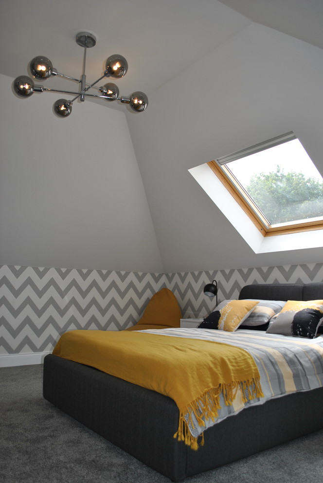Design ideas for a medium sized contemporary bedroom in Hertfordshire with grey walls, carpet and grey floors.