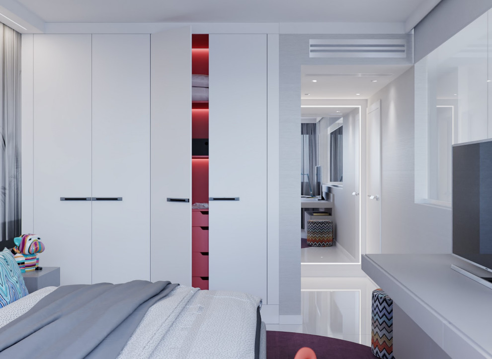 На фото: гостевая спальня среднего размера, (комната для гостей) в современном стиле с серыми стенами, полом из керамогранита, белым полом и обоями на стенах с