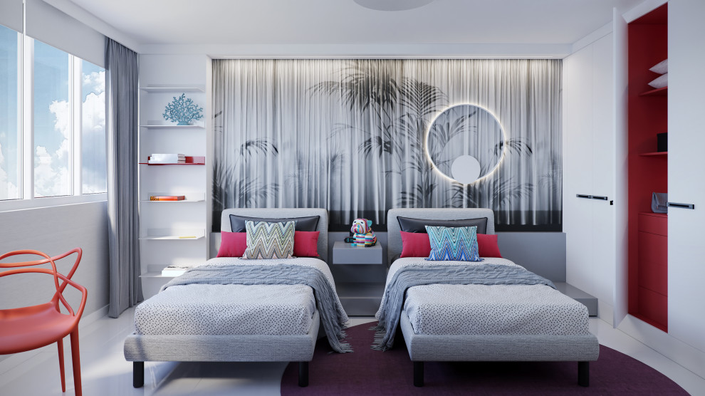 На фото: гостевая спальня среднего размера, (комната для гостей) в стиле фьюжн с серыми стенами, полом из керамогранита, белым полом и обоями на стенах с